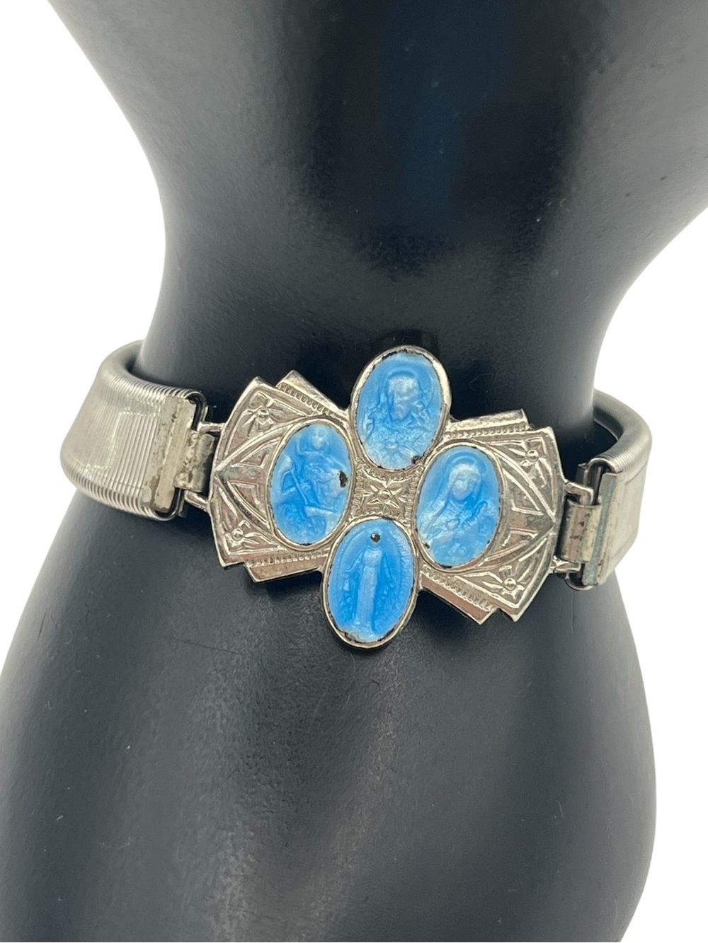 Catholic Religious Jesus Mary blue enamel silver tone stretch bracelet vintage